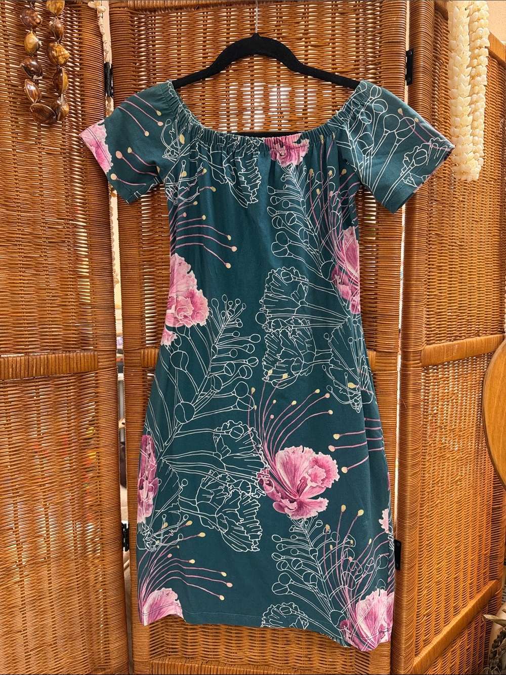 Kahulale’a Off-Shoulder Teal Floral Midi Dress with Pink Blooms